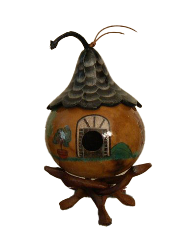 Gourd bird house made to look like a human house