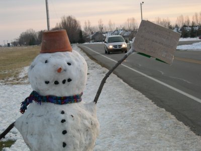 Snowman we built along Hwy 9 in Shelbyville Indiana